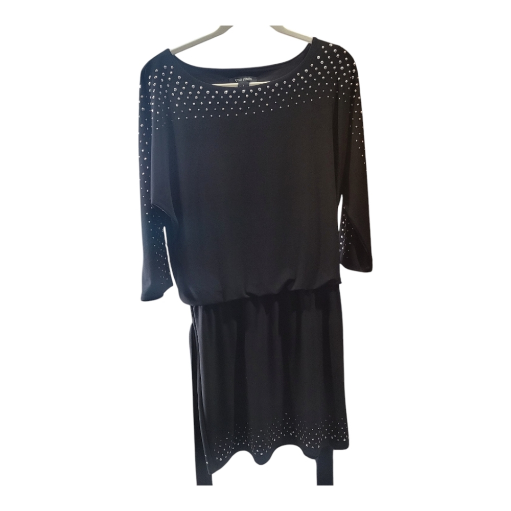 White House Black Market Dress size S Black Beaded 3/4 sleeve elastic waist